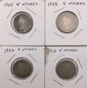 (4) V Nickels Including (1) 1904 (1) 1905 (1) 1906 (1) 1912