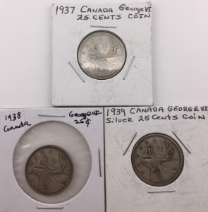 (3) Canada George VI 25 Cent Coins Including (1) 1937 (1) 1938 (1) 1939