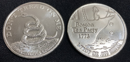 (2) &ldquo;Don&rsquo;t Tread on Me&rdquo;/Boston Tea Party One Troy Ounce .999 Silver Rounds