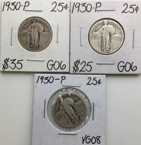 (3) 1930-P Standing Liberty Silver Quarter Dollars