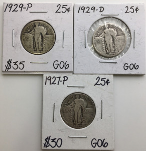 (1) 1929-P (1) 1929-D (1) 1927-P Standing Liberty Silver Quarter Dollars