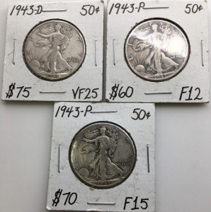 (3) 1943 Walking Liberty 1/2 Dollars (1) D (2) P