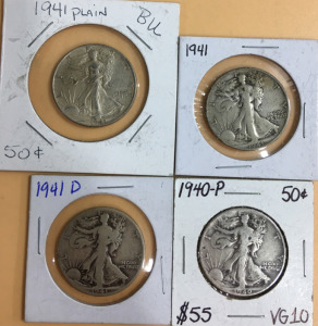 (4) Assorted Walking Liberty Silver 1/2 Dollar Coins Including (1) 1940-P (1) 1941-D (2) 1941
