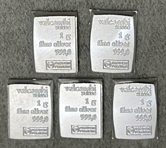 (5) Valcambi Suisse 1-Gram 999,0 Fine Silver Bars