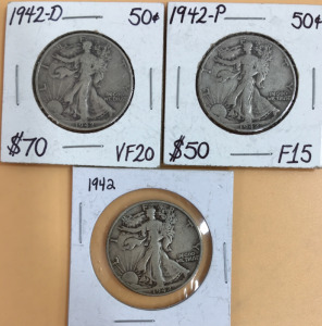 (3) Assorted Walking Liberty Silver 1/2 Dollar Coins Including (1) 1942-P (1) 1942-D (1) 1942