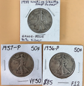 (3) Assorted Walking Liberty Silver Half-Dollar Coins Including (1) 1936-P (1) 1937-P (1) 1939