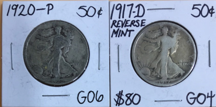 (2) Assorted Walking Liberty Half-Dollar Coins Including (1) 1920-P (1) 1917-D Reverse Mint