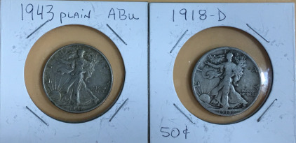(2) Assorted Walking Liberty Half-Dollar Coins Including (1) 1943 (1) 1918-D