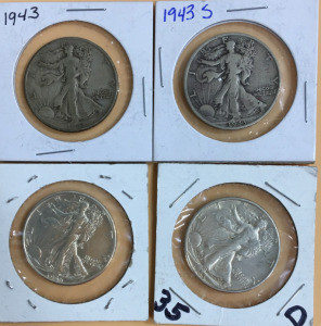 (4) Assorted Walking Liberty Half-Dollar Coins Including (1) 1943 (1) 1943-S (2) 1935-D