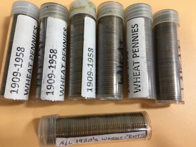 (6) Rolls of 1909-1958 Wheat Pennies (1) Roll of 1920&rsquo;s Pennies