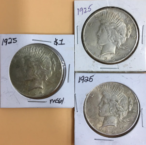 (3) 1925 Peace Silver Dollars