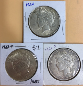 (3) 1922 Peace Silver Dollars