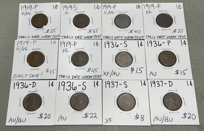 (12) Wheat Pennies Dated Between 1919-1937