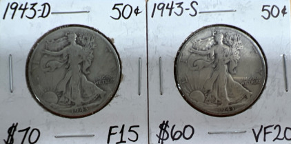 (2) Walking Liberty 1/2 Dollar Coins (1) 1943-D (1) 1943-S