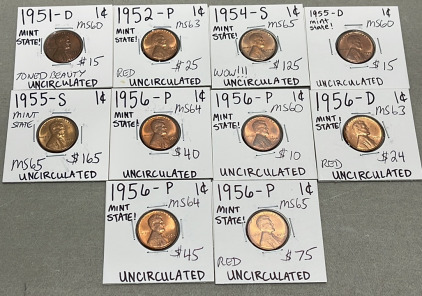 (10) Wheat Pennies Dated Between 1951-1956 (Mint State)