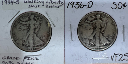 (2) Walking Liberty 1/2 Dollar Coins (1) 1934-S (1) 1936-D