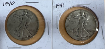 (2) Walking Liberty 1/2 Dollar Coins (1) 1940 (1) 1941