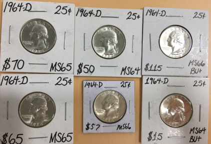 (6) 1964 D Washington Silver Quarters
