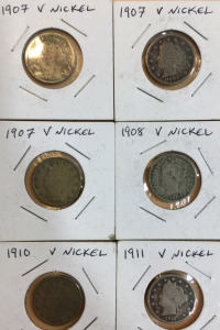 (6) Assorted V Nickels Including (3) 1907 (1) 1908 (1) 1910 (1) 1911