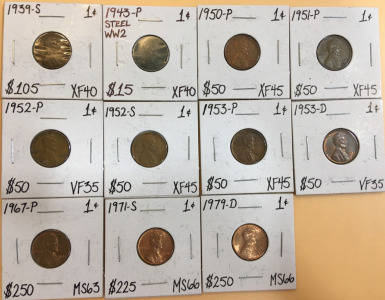 (11) Assorted Pennies Including (1) 1939-S (1) 1943-P Steel WW2 (1) 1950-P (1) 1951-P (1) 1952-P (1) 1952-S (1) 1953-P (1) 1953-D (1) 1967-P (1) 1971-S (1) 1979-D