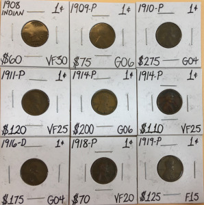 (9) Assorted Pennies (1) 1908 Indian (1) 1909-P (1) 1910-P (1) 1911-P (2) 1914-P (1) 1916-D (1) 1918-P (1) 1919-P