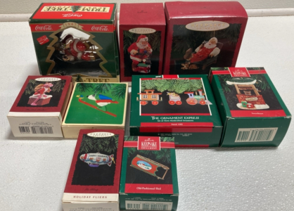 (9) Assorted Keepsake Ornaments: Including (3) Coca-Cola Santas
