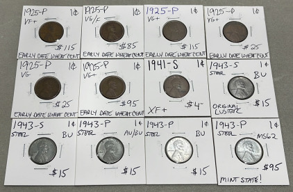 (12) Wheat Pennies Dated Between 1925-1943 Four Of Those Are Steel Pennies