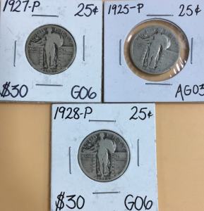 (3) Standing Liberty Quarters (1) 1927-P (1) 1925-P (1) 1928-P