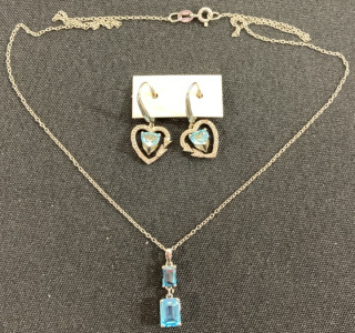 (1) Blue Stone Pendant Necklace, (1) Set of Blue Stone Heart Shaped Earrings