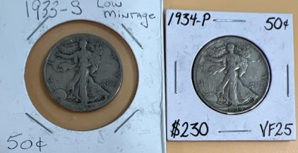 (2) Walking Liberty 1/2 Dollar Coins (1) 1933-S (1) 1934-P