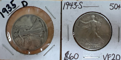(2) Walking Liberty 1/2 Dollar Coins (1) 1935-D (1) 1943-S