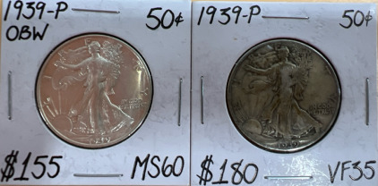 (2) 1939-P Walking Liberty 1/2 Dollar Coins