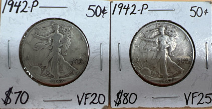 (2) 1942-P Walking Liberty 1/2 Dollar Coins