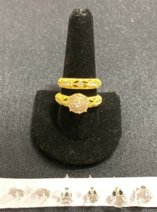 (2) Gold Toned Ring w/ Faceted Clear Stones, (3) Set of Matching Clear Stone Earring Studs
