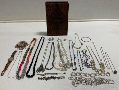 Assorted Costume Jewelry and Book Box