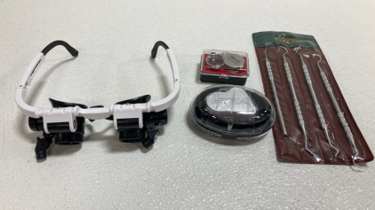 4pc Dental Tool Set, Lighted Watchmakers Hobby Glasses, (2) Jewelers Loupes