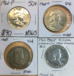 (4) Assorted Franklin 1/2 Dollar Coins (1) 1961-P (1) 1962-D (1) 1948 (1) 1960 Proof Silver