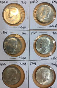 (6) Kennedy 1/2 Dollars (2) 1964-D (3) 1964 (1) 1965