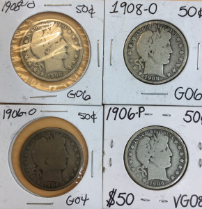 (4) Barber 1/2 Dollar Coins (2) 1908-O (1) 1906-O (1) 1906-P