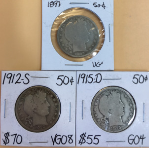 (3) Barber 1/2 Dollar Coins (2) 1897 (1) 1912-S (1) 1915-D