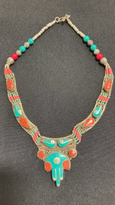 Blue Turquoise and Red Caron Gemstone Fashion Necklace