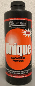 HALF CONTAINER ALLIANT UNIQUE SMOKELESS POWDER FOR RELOADING. ORIGINALLY 1 LB CONTAINER.