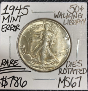 1945 MS67 RARE Mint Error Walking Liberty Half Dollar