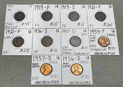 (1) 1881 Indian Head Wheat Penny (9) Wheat Pennies Dated Between 1919 - 1956