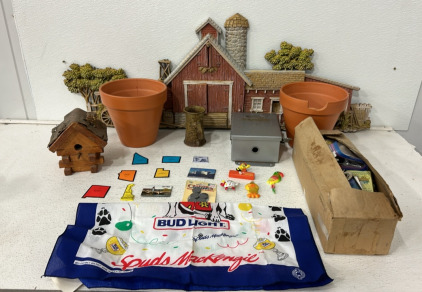 (1) Large Box Of Magnets And Other Knickknacks, (2) Brown Flower Pots, (1) 45 1/2’’ Front Side Barn Decoration, (1) Small Birdhouse And More