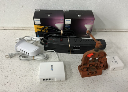 (2) Philips White And Color Ambiance Single BR30 Flood Lights, (2) Cyber Power (7) Outlet Power Strips, (3) Power Cord Charging Blocks And More