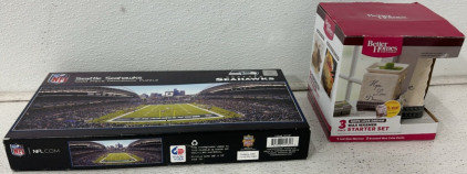 (1) Seattle Seahawks 1000 Piece Panoramic Stadium Puzzle, (1) Better Homes 3 Piece Wax Warmer Starter Set