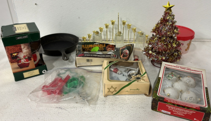 (1) 3 Piece Royal Jewelite Crystal Votive, (1) Mini Christmas Tree, (1) Cast Iron Pan, (1) Santa Christmas Wax Warmer And More