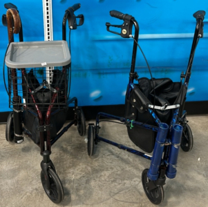 (1) Maroon Red 3 Wheel Winnie Walker With Front Storage Basket, (1) Blue 3 Wheel Winnie Walker Both With Handbrakes And With 1 Cane