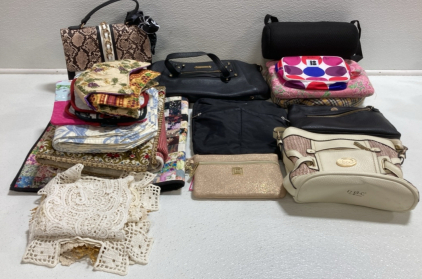 (7) Assorted Black and Gold/Tan Purses, (2) Toiletry Bags, (2) Travel Pillows, Assorted Kitchen Linens and Doilies